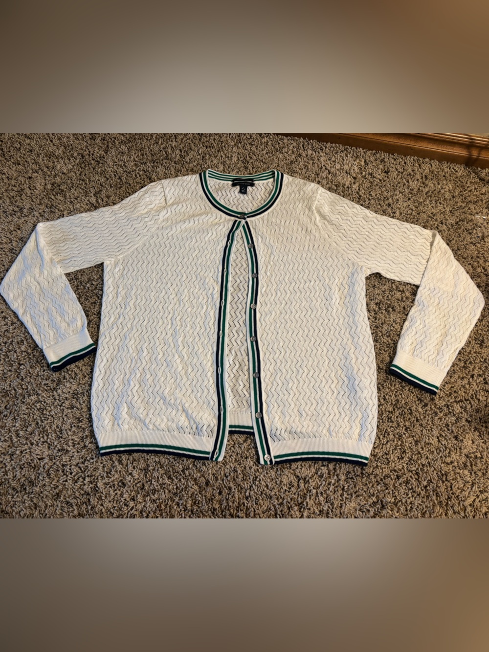 Lands' End White Knit Cardigan with Green & Navy Trim